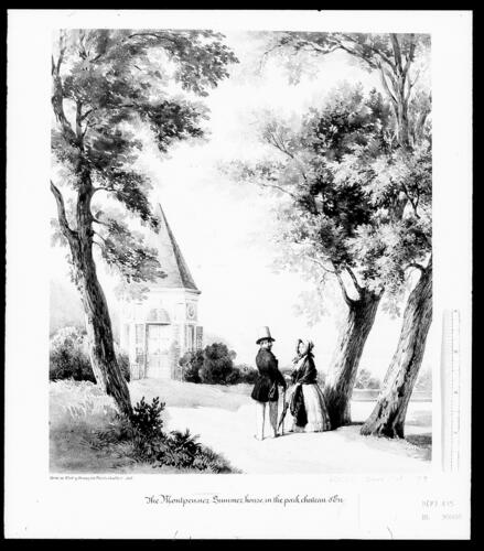 Royal visit to Louis-Philippe: Queen Victoria with the King by the Montpensier Summer House at Château d'Eu, 3 September 1843 Royal visit to Louis-Philippe: Queen Victoria with the King by the Montpensier Summer House at Château d'Eu, 3 September 1843