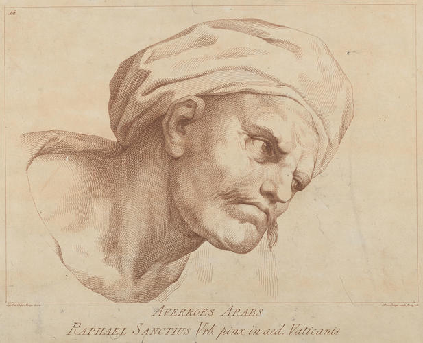 Master: A set of thirty-three prints reproducing heads from 'The School of Athens'
Item: Head of a man wearing a turban [from 'The School of Athens']