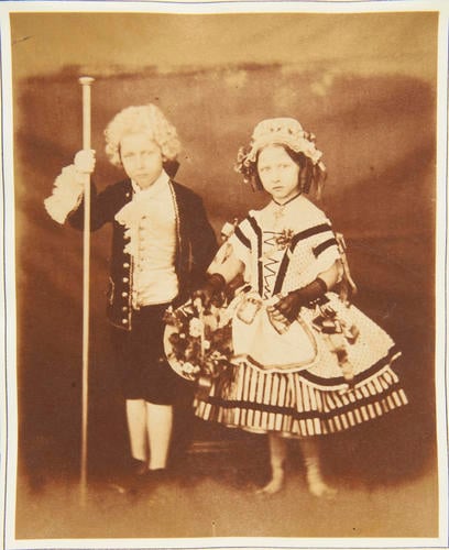 'Princess Helena and Princess Louise as Clermont and Louison'; Princess Christian of Schleswig Holstein (1846-1923) and Princess Louise, later the Duchess of Argyll (1848-1939) in fancy dress