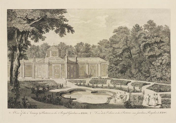 Master: Views, plans of the gardens and palace at Kew
Item: A View of the Aviary and Parterre, in the Royal Gardens at Kew