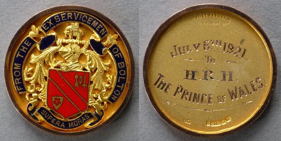 Medal presented to the Prince of Wales by the ex-servicemen of Bolton