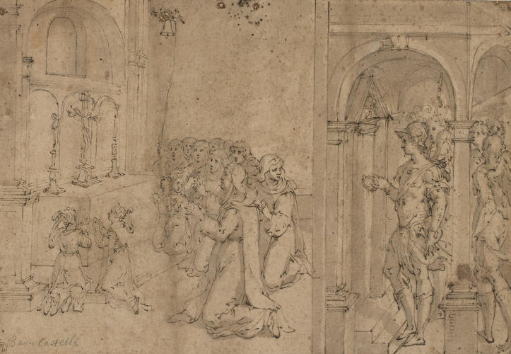 Girls and nuns kneeling before the altar