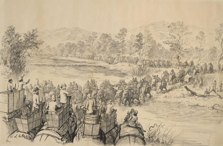 Visit of the Prince of Wales to India, Nov. 1875 - Jan. 1876: The Prince of Wales's party watching the procession of elephants crossing the River Sarda, Nepal, 21 February 1876