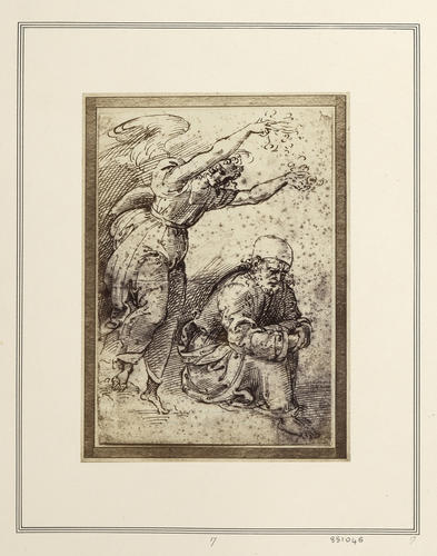 Angel scattering flowers on a bearded man seated on the ground