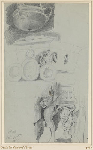 Studies for Queen Victoria at the Tomb of Napoleon I, 24 August 1855 (OMV 795): studies of the sarcophagus and lamp