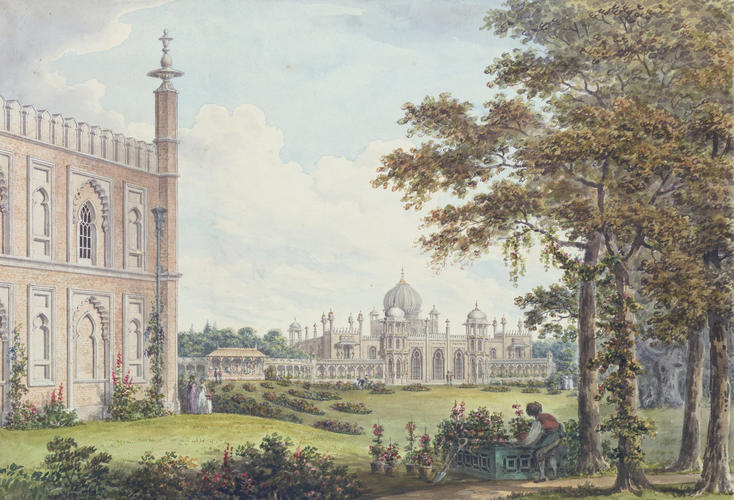 Designs for the Pavilion at Brighton: West Front of the Pavilion, towards the Garden, with flaps