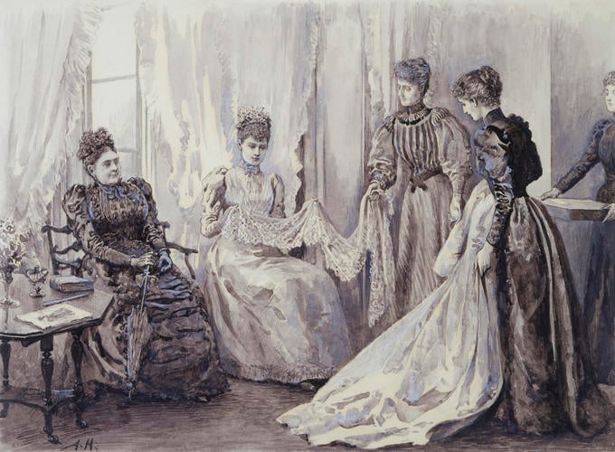 Princess Victoria Mary of Teck, with her mother, choosing her wedding trousseau, May 1893