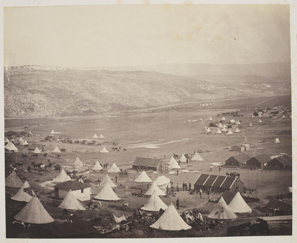 Cavalry camp, 11th Hussars to the fore, 1855 [in Photographic Views and Portraits of the Crimean Campaign, Box 4]