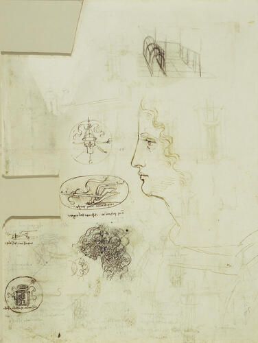 Recto: Studies of emblems, decorative dress, architecture, and a profile. Verso: Studies of a water-clock, decorative costume etc Recto: Studies of emblems, decorative dress, architecture, and a profile. Verso: Studies of a water-clock, decorative costume etc
