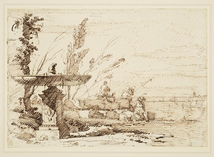 A capriccio with a fountain on the shores of the lagoon