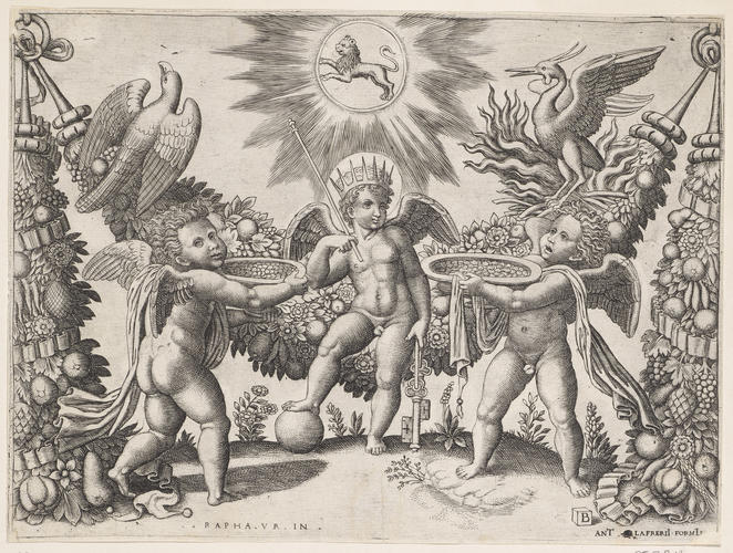 Two Putti Presenting Cups Full of Gold to the God of Riches