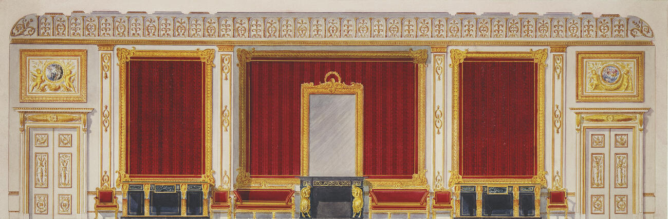 Design for the west elevation of the Large Drawing Room, Room 188, (the Crimson Drawing Room), Windsor Castle, c. 1826