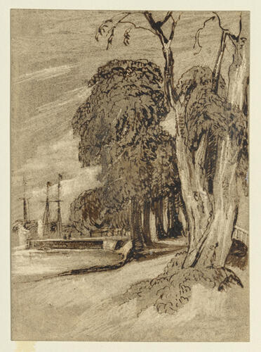 Figures by a shore with trees Figures by a shore with trees
