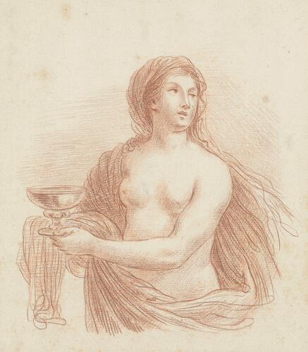A semi-nude woman holding a cup