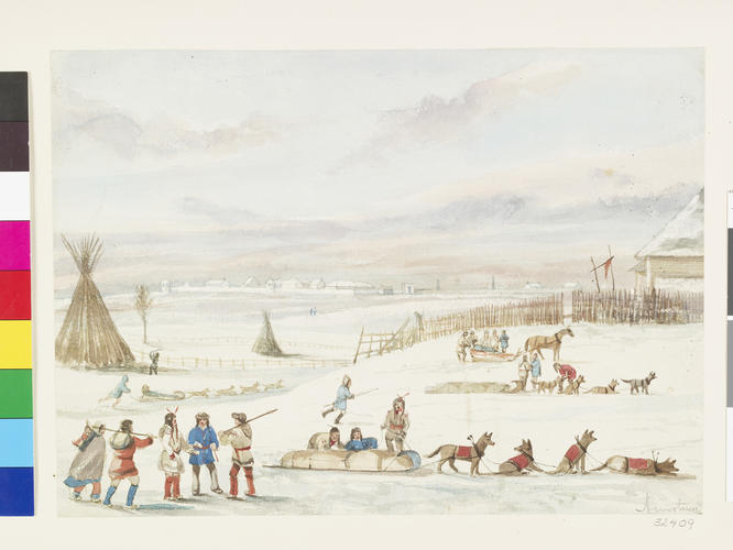 First Nations people with sleighs and huskies (untitled)