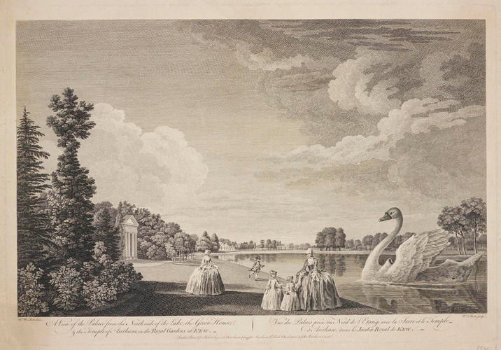 Item: A View of the Palace from the North side of the Lake, the Green House & the Temple of Arethusa, in the Royal Gardens at Kew