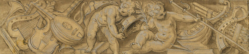A frieze of putti amongst musical instruments