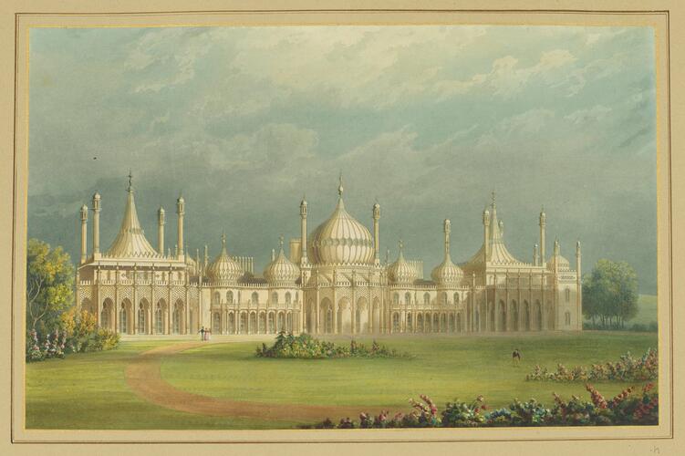 Master: Illustrations of Her Majesty's Palace at Brighton; formerly the Pavilion: executed by the Command of King George the Fourth, under the Superintendence of John Nash, Esq. , architect : to which is prefixed, A History of the Palace, by Edward Wedlake Brayley, Esq. , F. S. A.
Item: Pavilion, Front Towards the Steyne