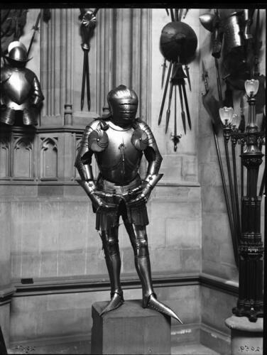 Glass plate neative of a suit of armour on display in the Grand Entrance Glass plate neative of a suit of armour on display in the Grand Entrance