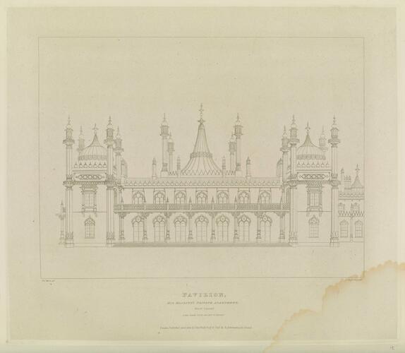 Master: Illustrations of Her Majesty's Palace at Brighton; formerly the Pavilion: executed by the Command of King George the Fourth, under the Superintendence of John Nash, Esq. , architect : to which is prefixed, A History of the Palace, by Edward Wedlake Brayley, Esq. , F. S. A.
Item: Pavilion, His Majesty's Apartment, West Front