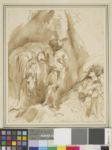 A man addressing another with a horse A man addressing another with a horse