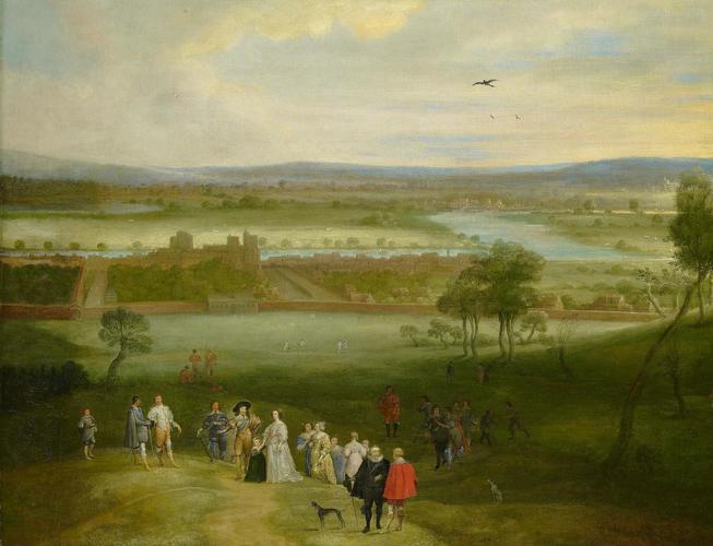 A View of Greenwich with Charles I and Henrietta Maria among a group of courtiers