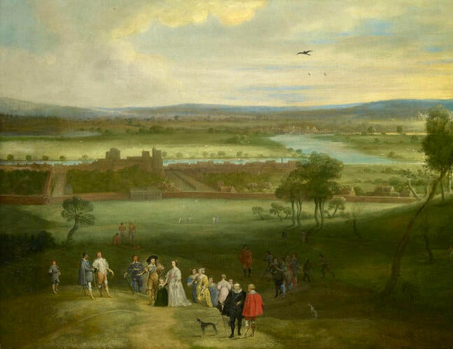 A View of Greenwich with Charles I and Henrietta Maria among a group of courtiers