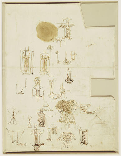 Recto: Studies of emblems, decorative dress, architecture, and a profile. Verso: Studies of a water-clock, decorative costume etc