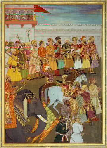Master: Padshahnamah پادشاهنامه (The Book of Emperors)
Item: Shah-Jahan receives his three eldest sons and Asaf Khan during his accession ceremonies (8 March 1628) Master: Padshahnamah پادشاهنامه (The Book of Emperors)
Item: Shah-Jahan receives his three eldest sons and Asaf Khan during his accession ceremonies (8 March 1628)