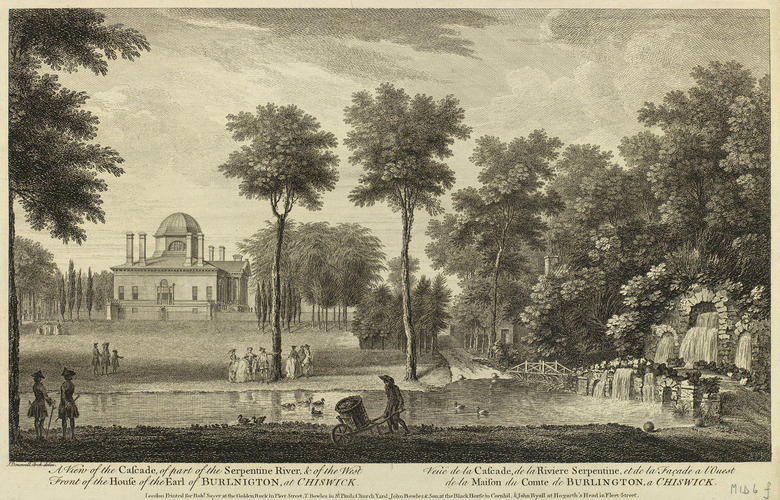 Item: A View of the Cascade, of part of the Serpentine River, and of the west Front of the House of the Earl of Burlington, at Chiswick
