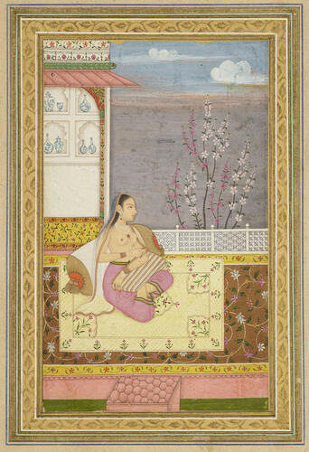 Master: Mughal album of portraits, animals and birds.
Item: Paintings of a Mughal lady on a terrace and a turkey Master: Mughal album of portraits, animals and birds.
Item: Paintings of a Mughal lady on a terrace and a turkey