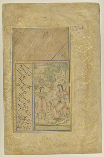Folio from a Mughal Album (Ladies in European Classical dress by Lal; calligraphy by Abdullah al-Husayni, Sultan Muhammad Nur, Sultan Ali Mashhadi and Muhammad Husayn Kashmiri. )