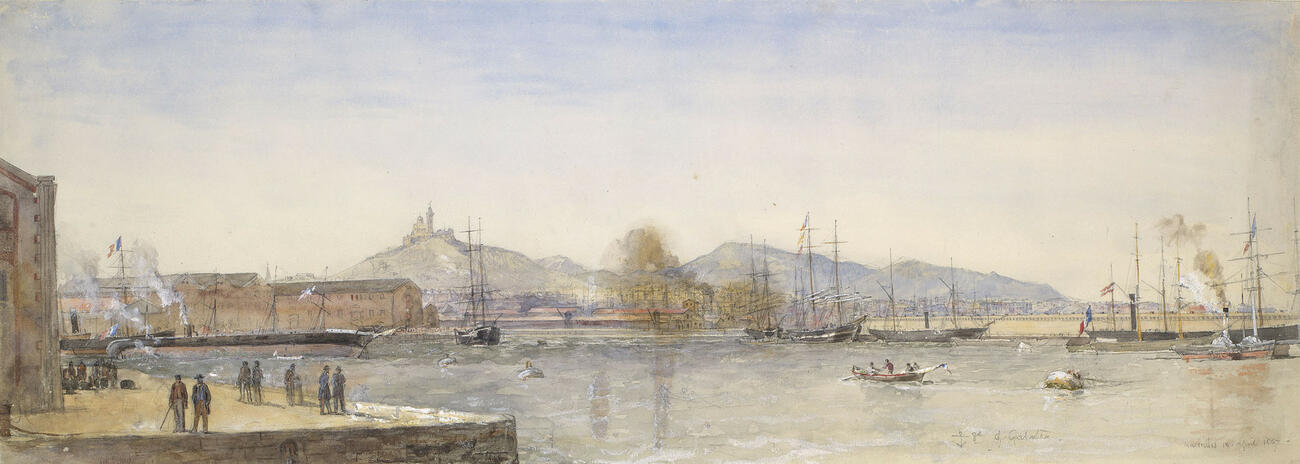 HMS Galatea and other shipping in the Napoleon Basin, Marseilles Harbour HMS Galatea and other shipping in the Napoleon Basin, Marseilles Harbour
