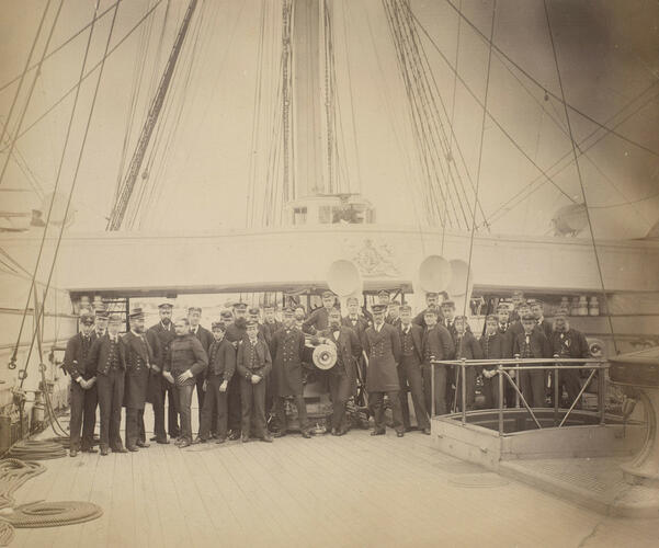 The Cruise of HMS Bacchante 1879-82: Group photograph on board HMS Inconstant, 1881 The Cruise of HMS Bacchante 1879-82: Group photograph on board HMS Inconstant, 1881