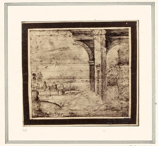 A landscape with ruins and a fortified town