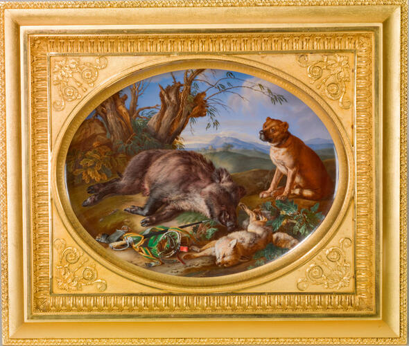 Hunting scene with a Dog a Boar and a Fox