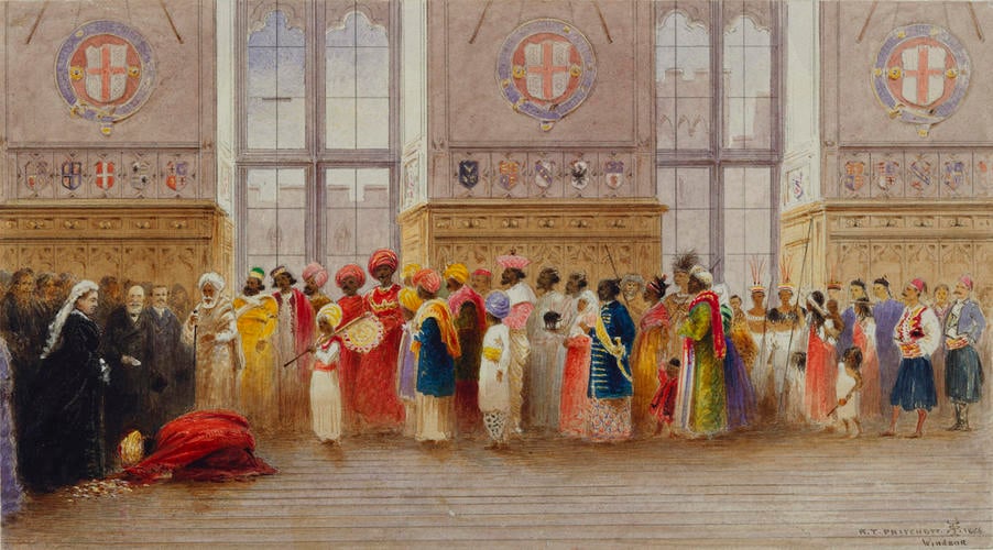 Colonial and Indian Exhibition: foreign visitors offering gifts to the Queen, 8 July 1886