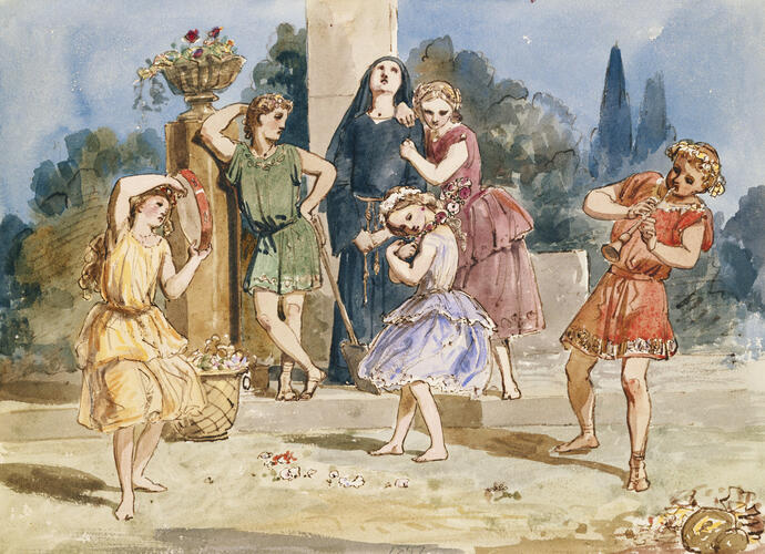 Royal children tableaux, illustrating John Milton's L'Allegro and Il Penseroso, 1852: the five royal children grouped around the nun Royal children tableaux, illustrating John Milton's L'Allegro and Il Penseroso, 1852: the five royal children grouped around the nun
