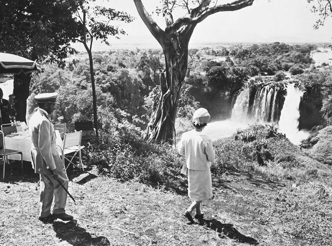 HM The Queen and Emperor Haile Selassie looking at the view of the Tississat Falls at Lake Tana, Ethiopia