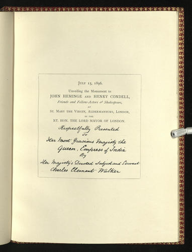 John Heminge and Henry Condell, friends and fellow-actors of Shakespeare : and what the world owes to them / by Charles Clement Walker