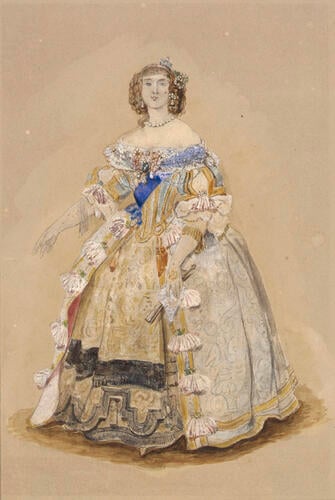 Design for the Queen's costume at the Stuart Ball, 13 June 1851