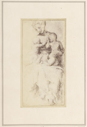 A woman with two children on her lap, and a third standing on the left [Charity]