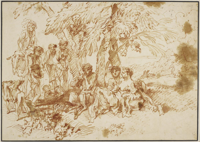 Figures in a landscape with a satyr playing the pipes