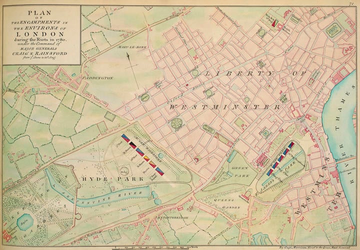 Master: Maps of encampments in England and Great Britain, 1778-82
Item: Map of London, 1780 (London, UK) 51?30'30 Master: Maps of encampments in England and Great Britain, 1778-82
Item: Map of London, 1780 (London, UK) 51?30'30