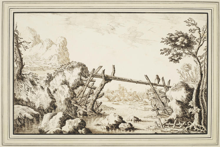 A landscape with a wooden bridge A landscape with a wooden bridge