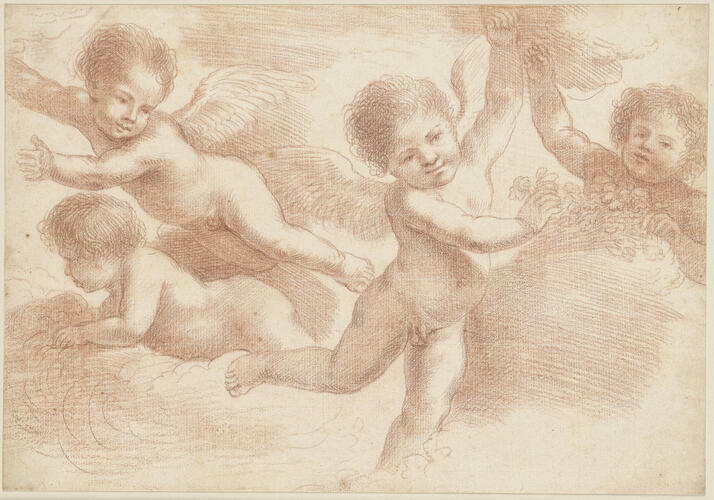 Four nude putti among clouds, two with flowers Four nude putti among clouds, two with flowers