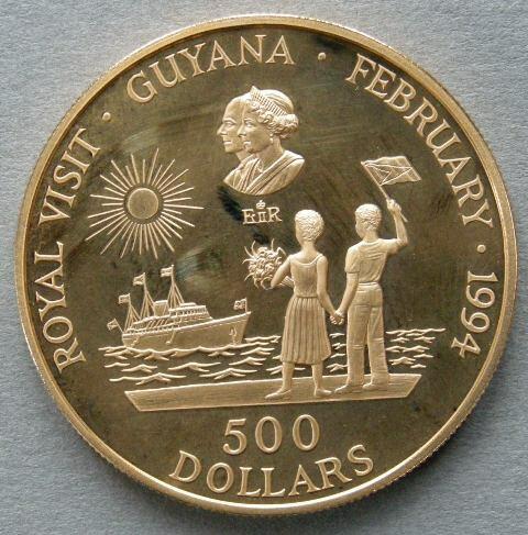 Guyana. Proof gold 500 Dollars, 1994, commemorating the Royal Visit, February 1994