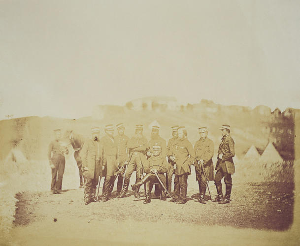 Group in camp with pony [taken from contents list]. [Crimean War photographs by Robertson]