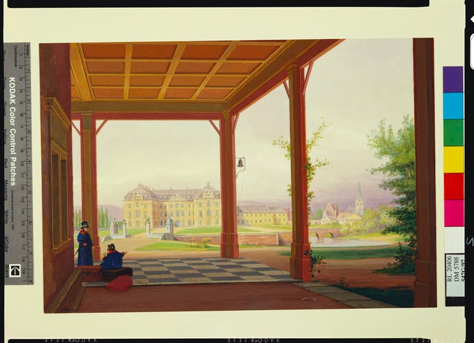 Views of Schloss Brühl: entrance front seen from the station Views of Schloss Brühl: entrance front seen from the station