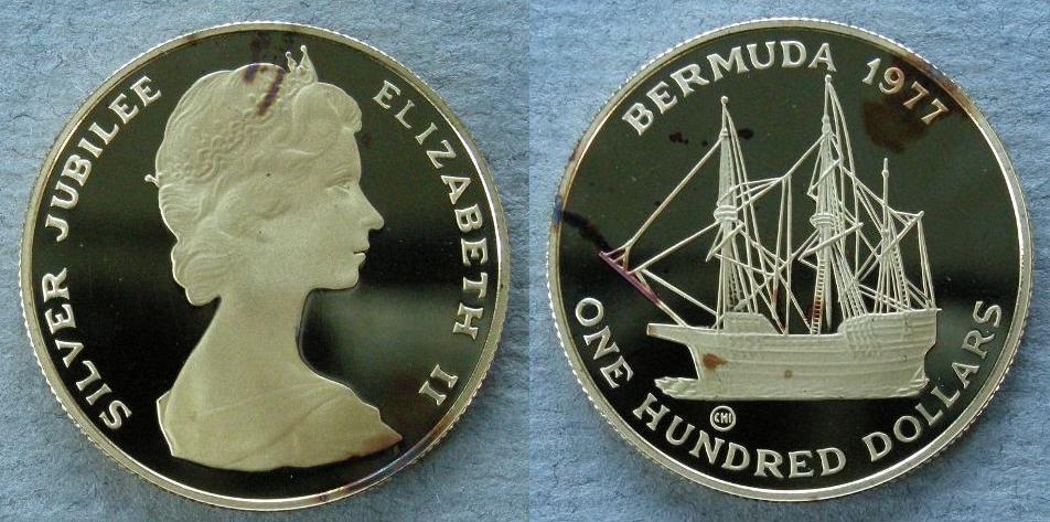 Bermuda. Proof $100, commemorating the Silver Jubilee of the Reign of Queen Elizabeth II, 1977 Bermuda. Proof $100, commemorating the Silver Jubilee of the Reign of Queen Elizabeth II, 1977